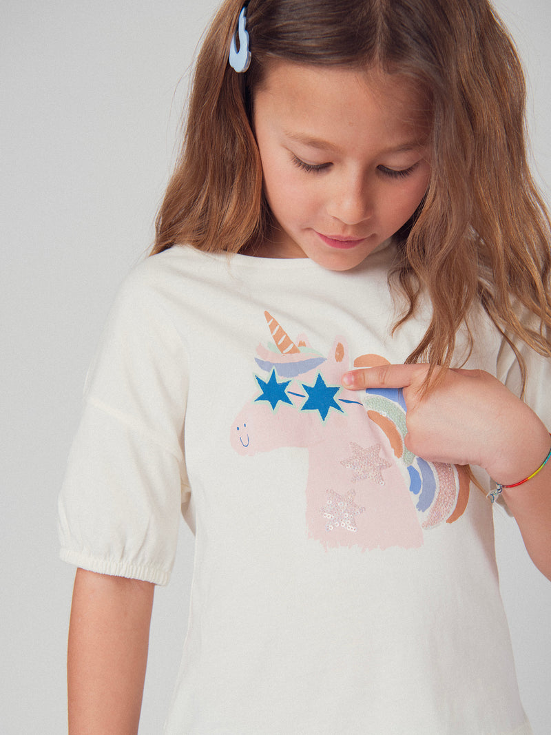 T-shirt ecru con animazione di testa di unicorno per ragazza