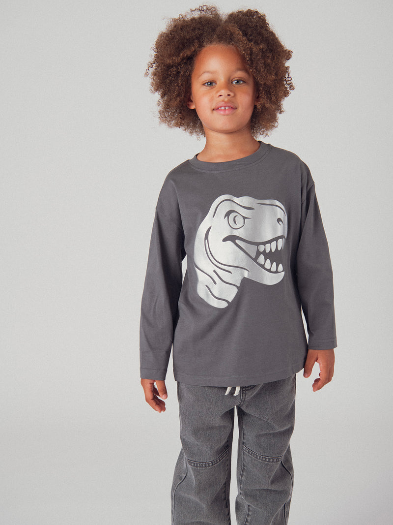 T-shirt grigia a maniche lunghe con animazione di testa di dinosauro per ragazzi