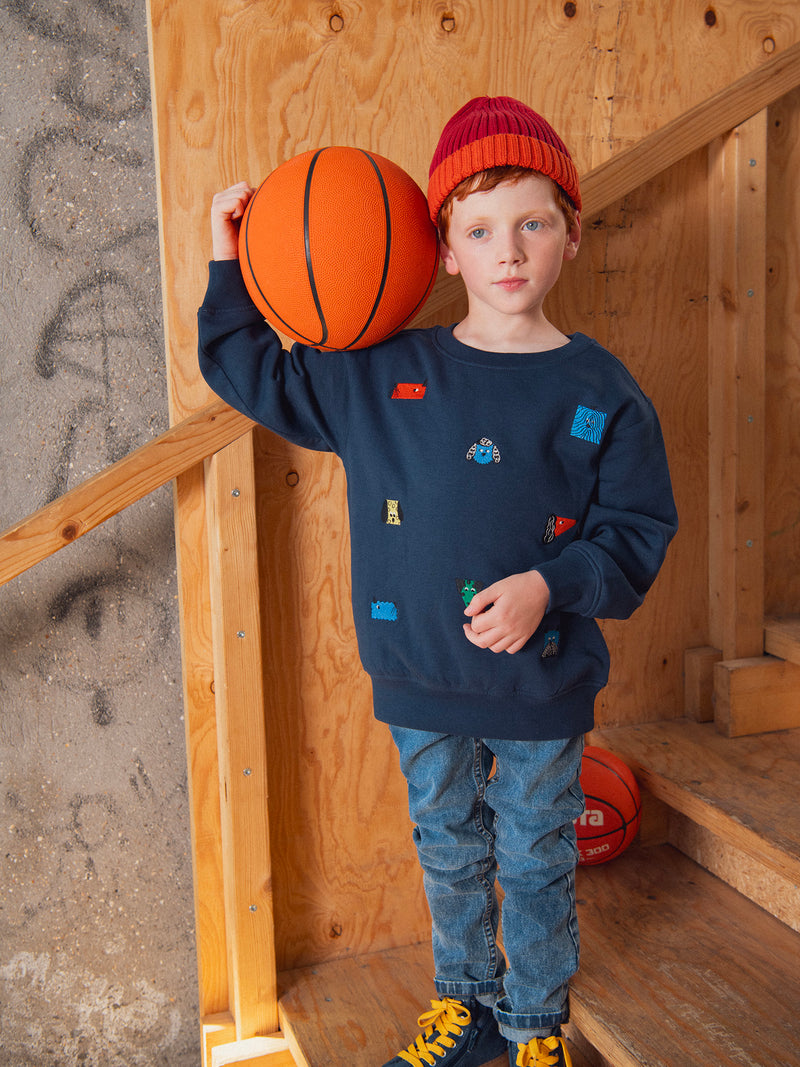 Felpa blu navy con ricamo di teste di cane per bambino