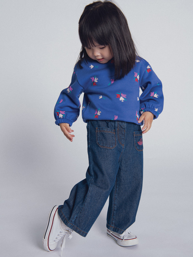 Pantaloni in denim scuro ricamati "ARTY SCHOOL" per bambine