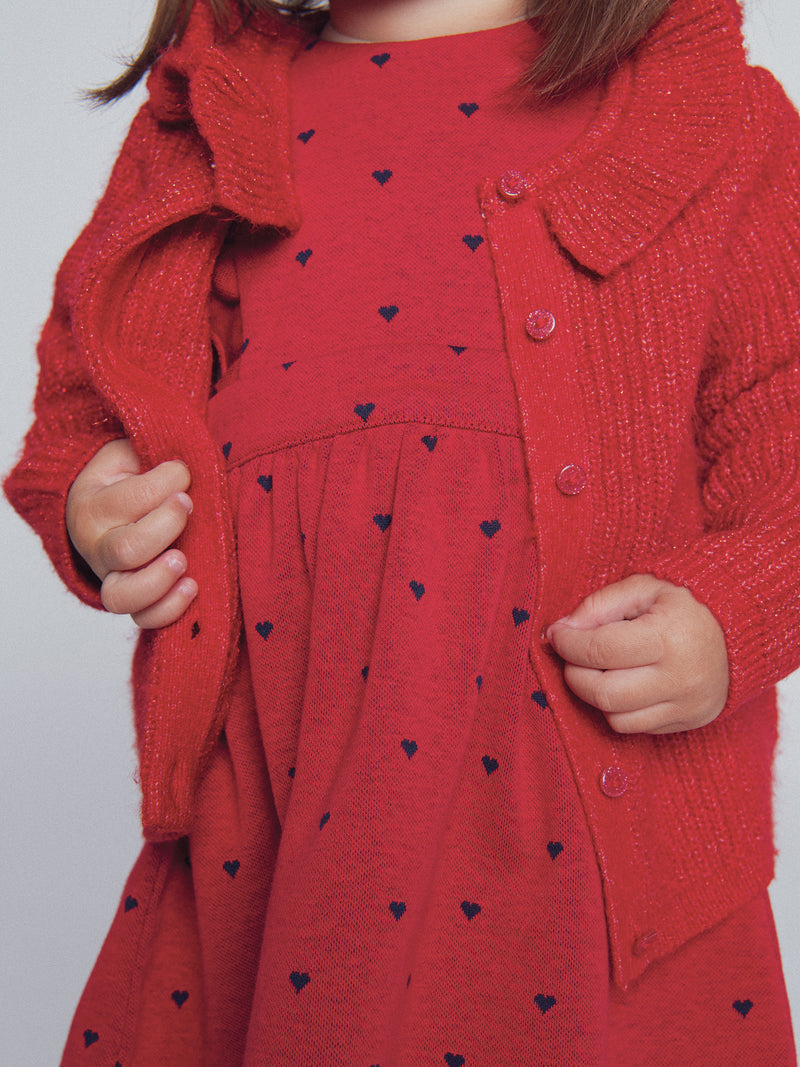 Abito rosso in maglia con stampa cuori per bambina
