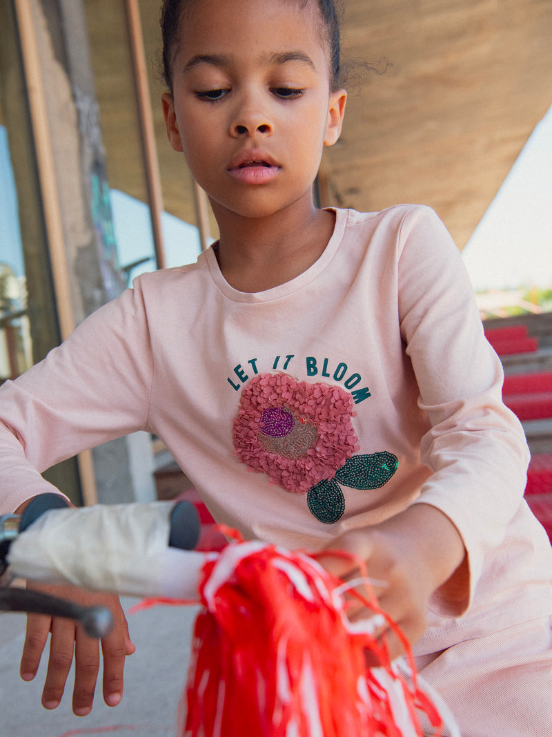 T-shirt rosa con animazione floreale 3D e paillettes per ragazze