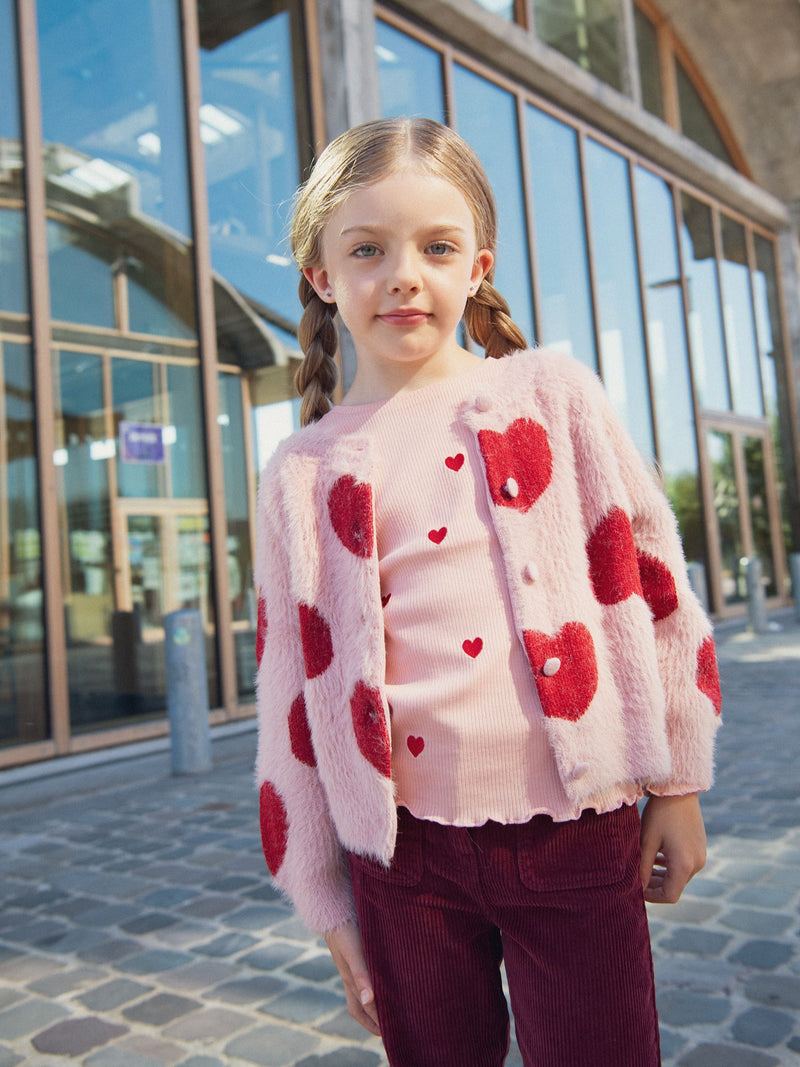 T-shirt rosa a maniche lunghe con ricami a forma di cuore per ragazze
