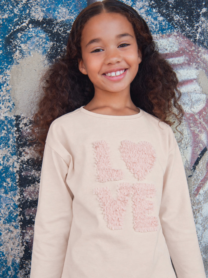 T-shirt ecru a maniche lunghe con animazione 3D LOVE per ragazze