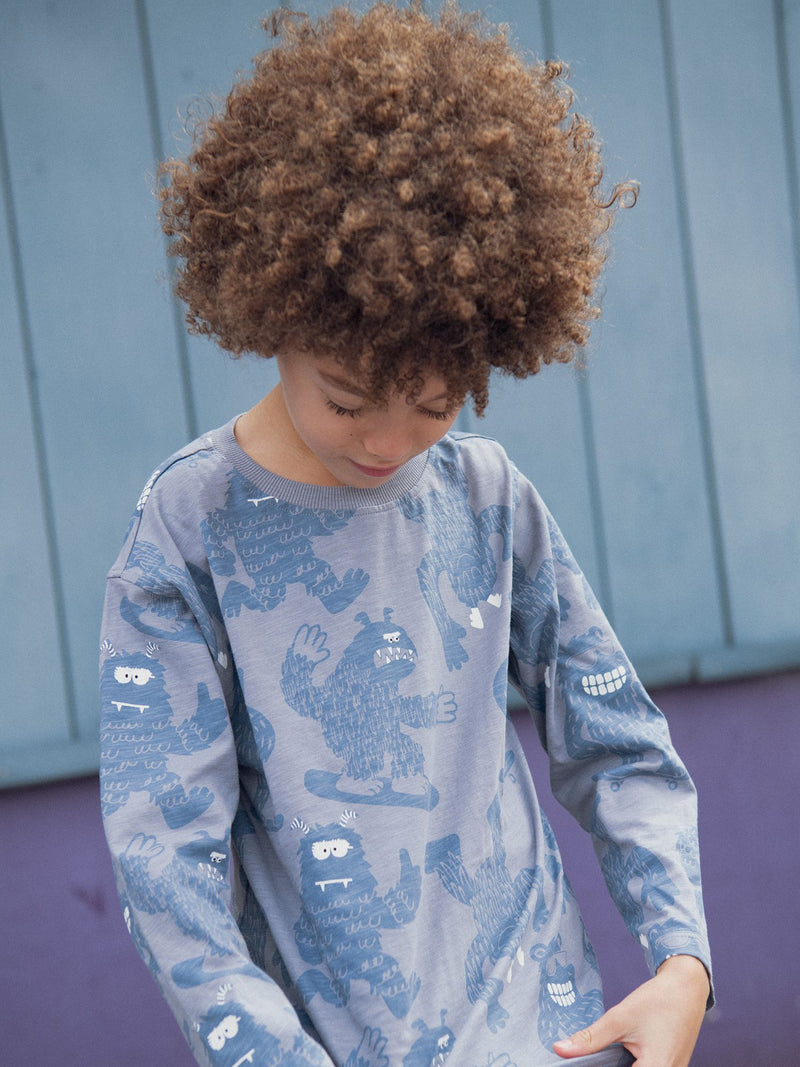 T-shirt a maniche lunghe blu con stampa di yeti per ragazzi