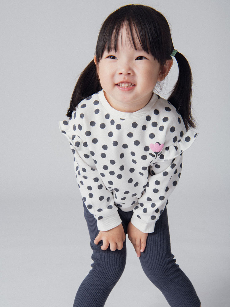Completo con felpa a pois e leggings a coste per bambina