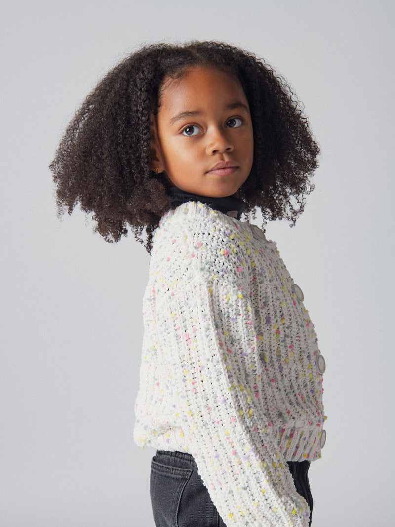 Cardigan blanc cassé en tricot avec petites boules multicolores pour fille
