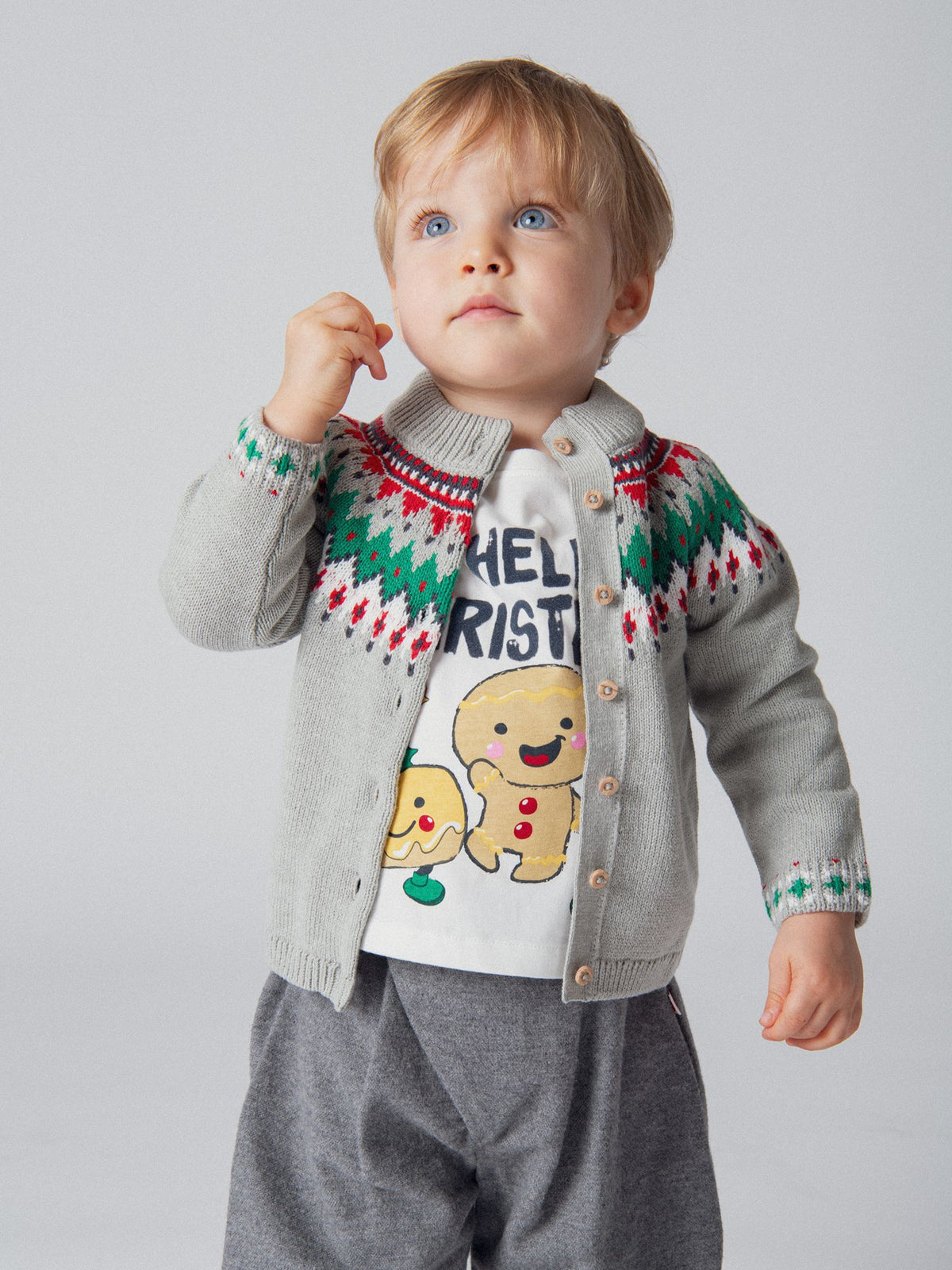 Gilet en maille jacquard gris chiné à col doublé sherpa pour bébé garçon