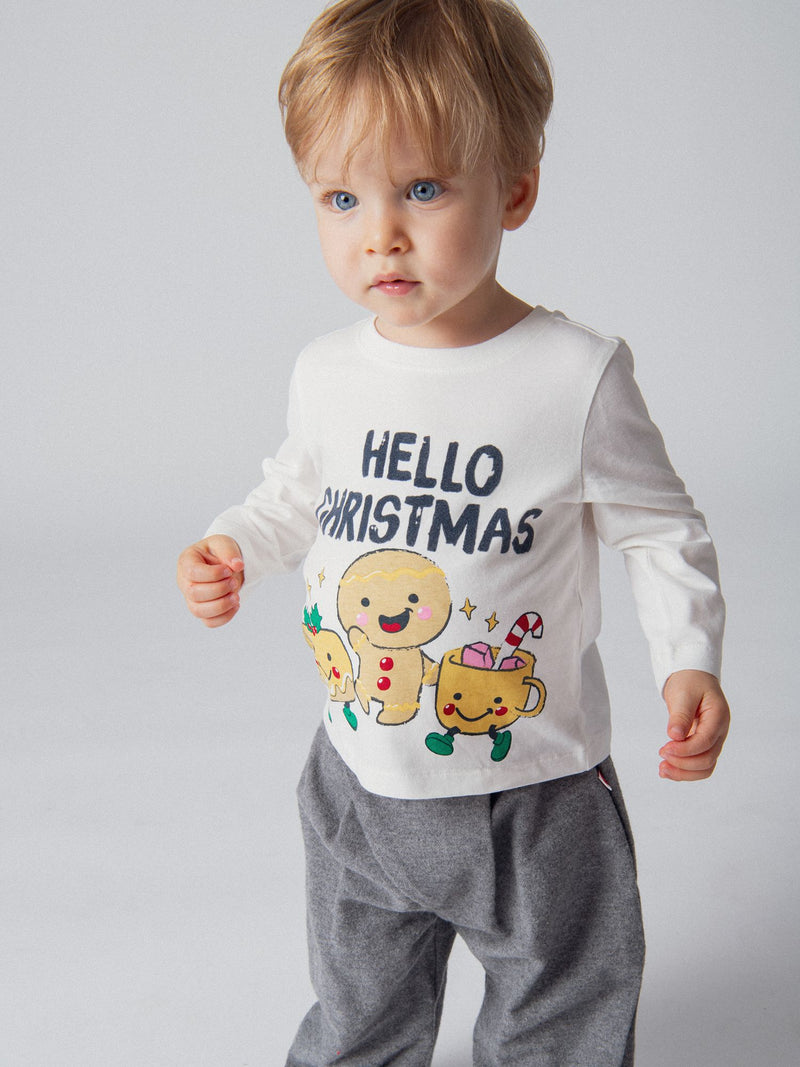 T-shirt manches longues en jersey peau de pêche écru avec motif festif pour bébé garçon