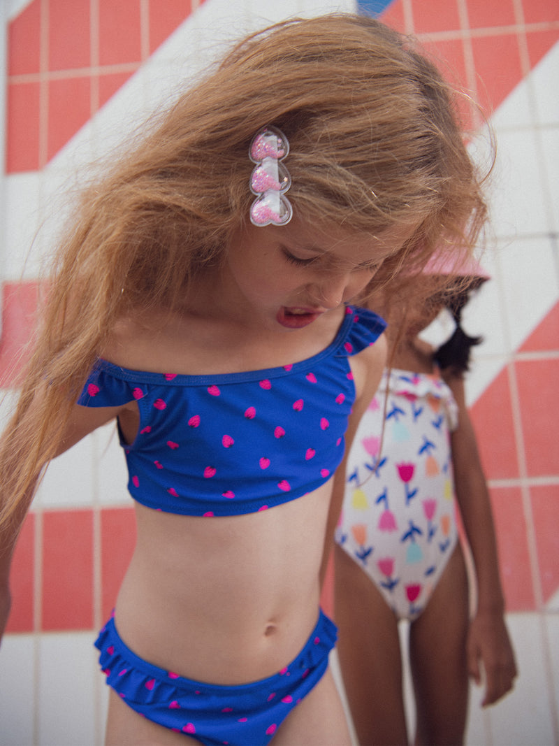 Costume da bagno blu a 2 pezzi con stampa di fragole per ragazze.PRODUCT