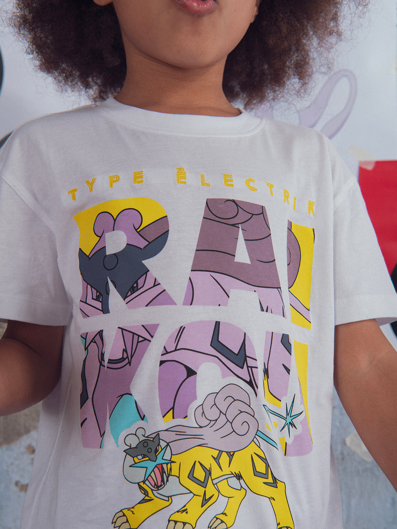 T-shirt bianca con animazione di Pokémon Raikou