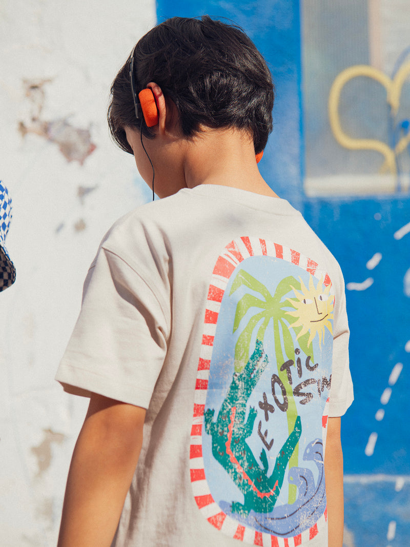 T-shirt beige con animazione "Exotic Sun" per ragazzi