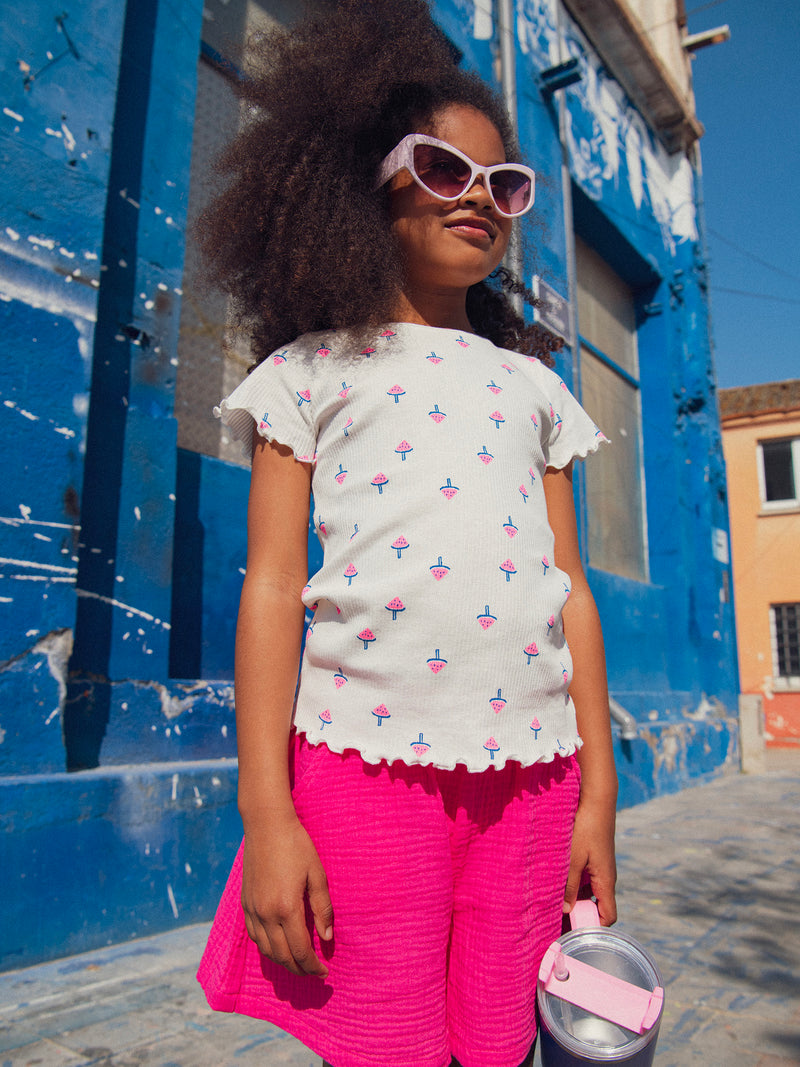 T-shirt in coste ecru con stampa gelato anguria per ragazze