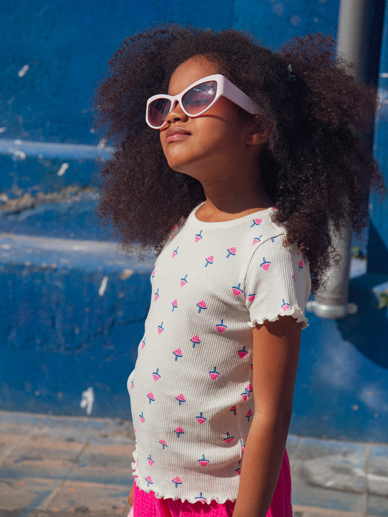 T-shirt in coste ecru con stampa gelato anguria per ragazze