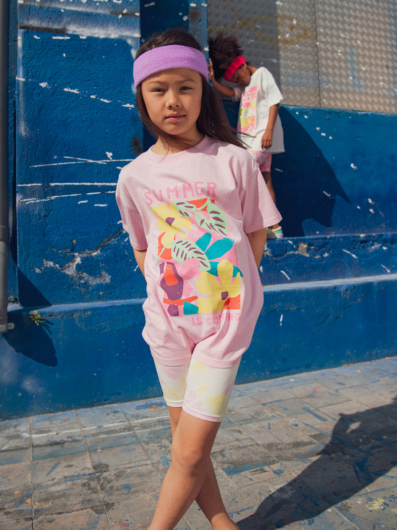 T-shirt oversize rosa con animazione floreale per ragazze