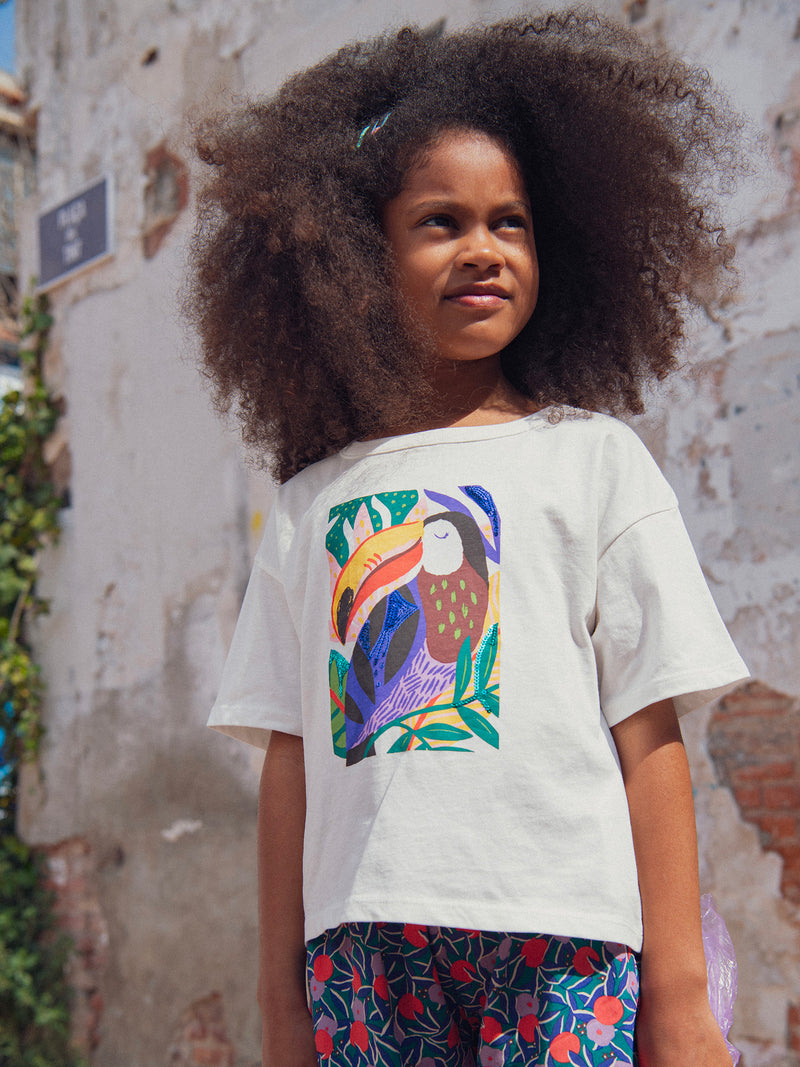 T-shirt ecru con animazione tucano per ragazze