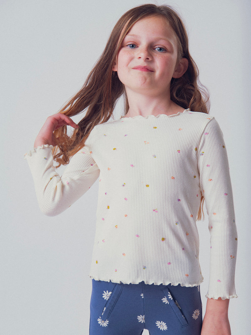 T-shirt a coste a maniche lunghe ecru con stampa di frutti per ragazze