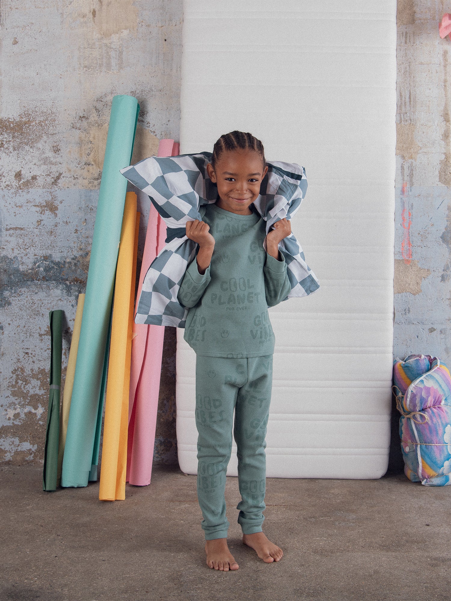 Pyjama vert "Good Vibes" en maille gaufrée pour enfant garçon