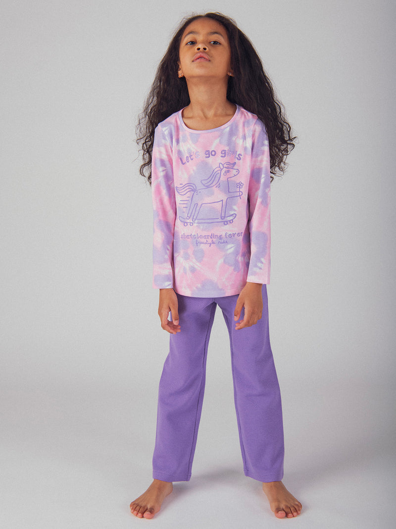 Pigiama Tie-Dye Viola con Motivo 'Pony Skateboarding Fever' per Ragazze