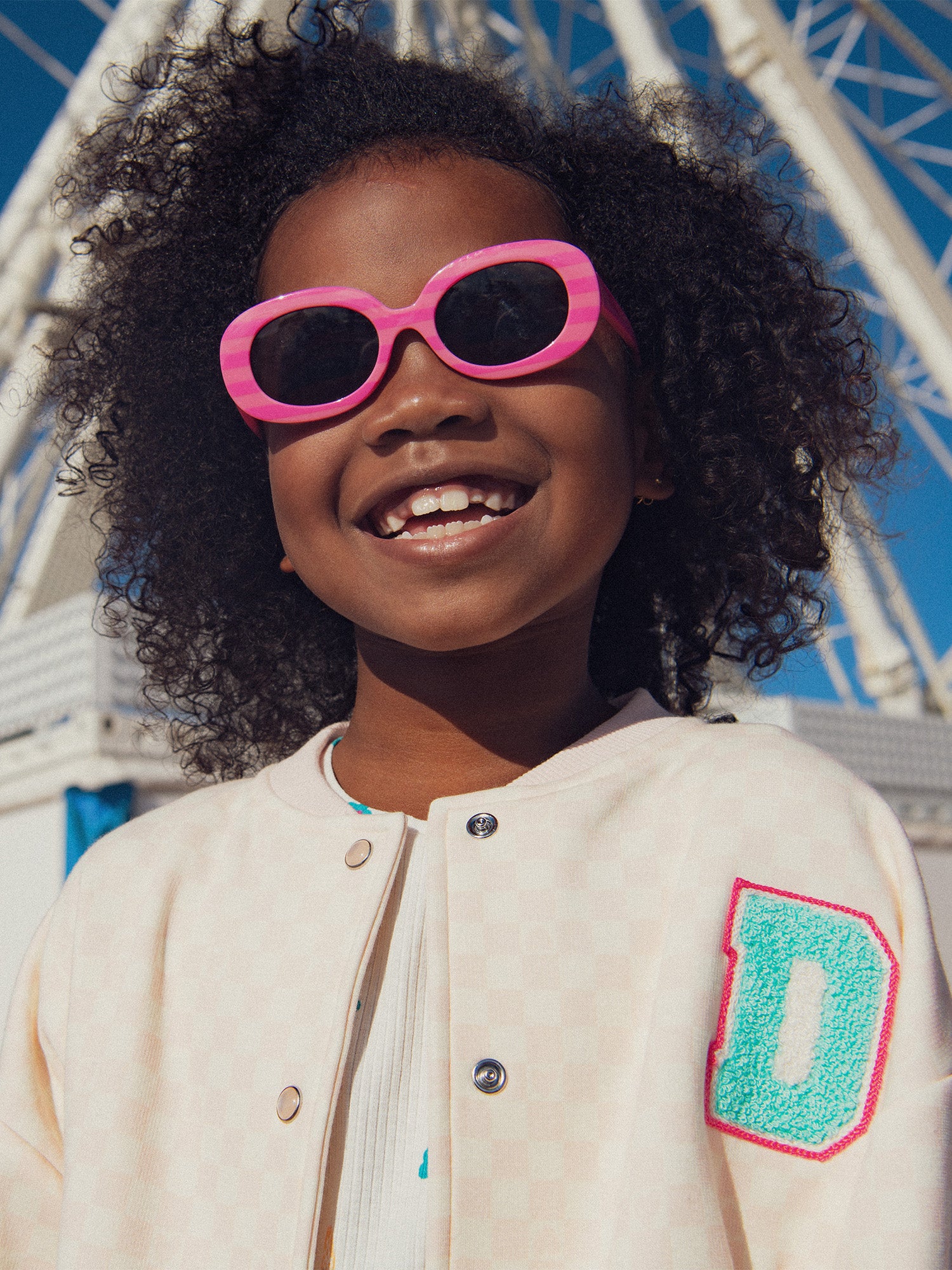 Giacca Teddy a Quadrati Rosa ed Ecru per Ragazza