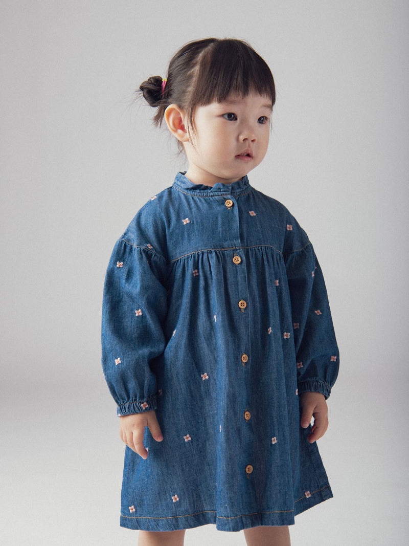 Abito in Denim Leggero con Ricamo di Fiori per Neonata