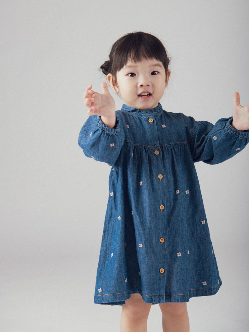 Abito in Denim Leggero con Ricamo di Fiori per Neonata
