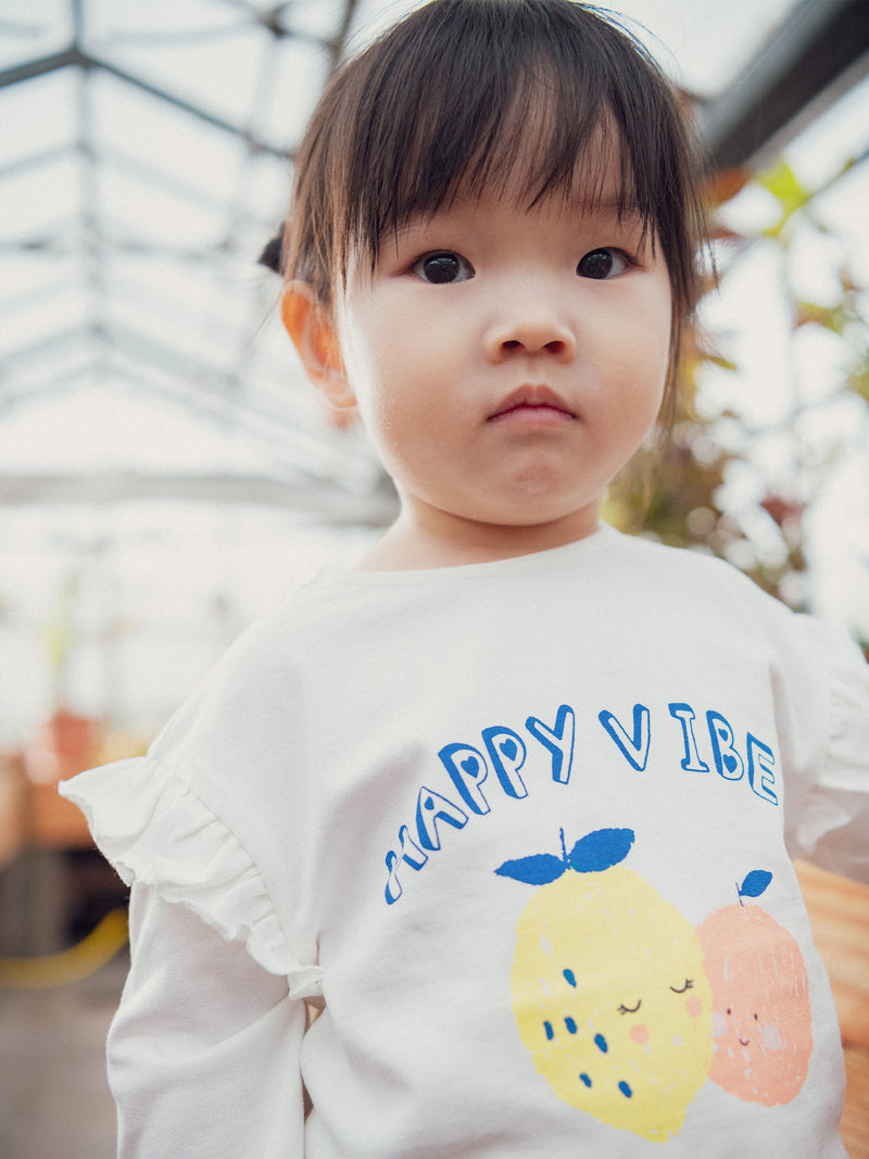 T-Shirt con Maniche Volant Motivo Frutta per Bambina