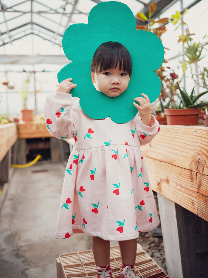 Abito rosa con stampa floreale-cuori per bambina