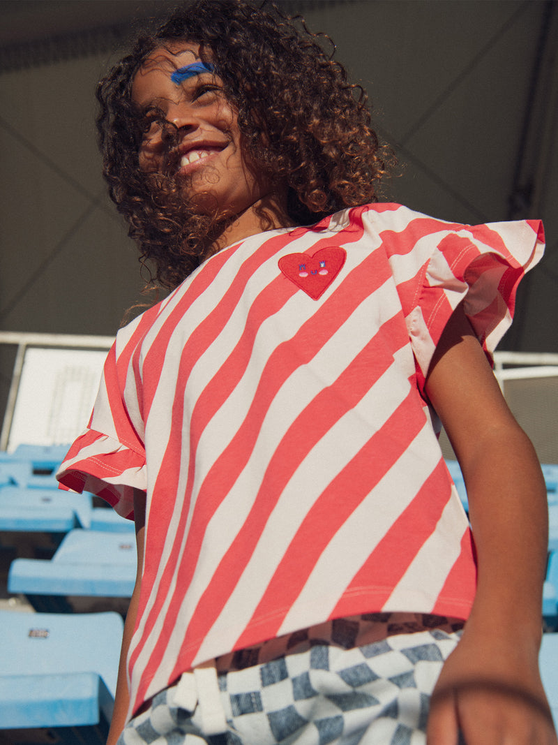T-shirt Rosa A Righe a Maniche Corte con Badge per Ragazze