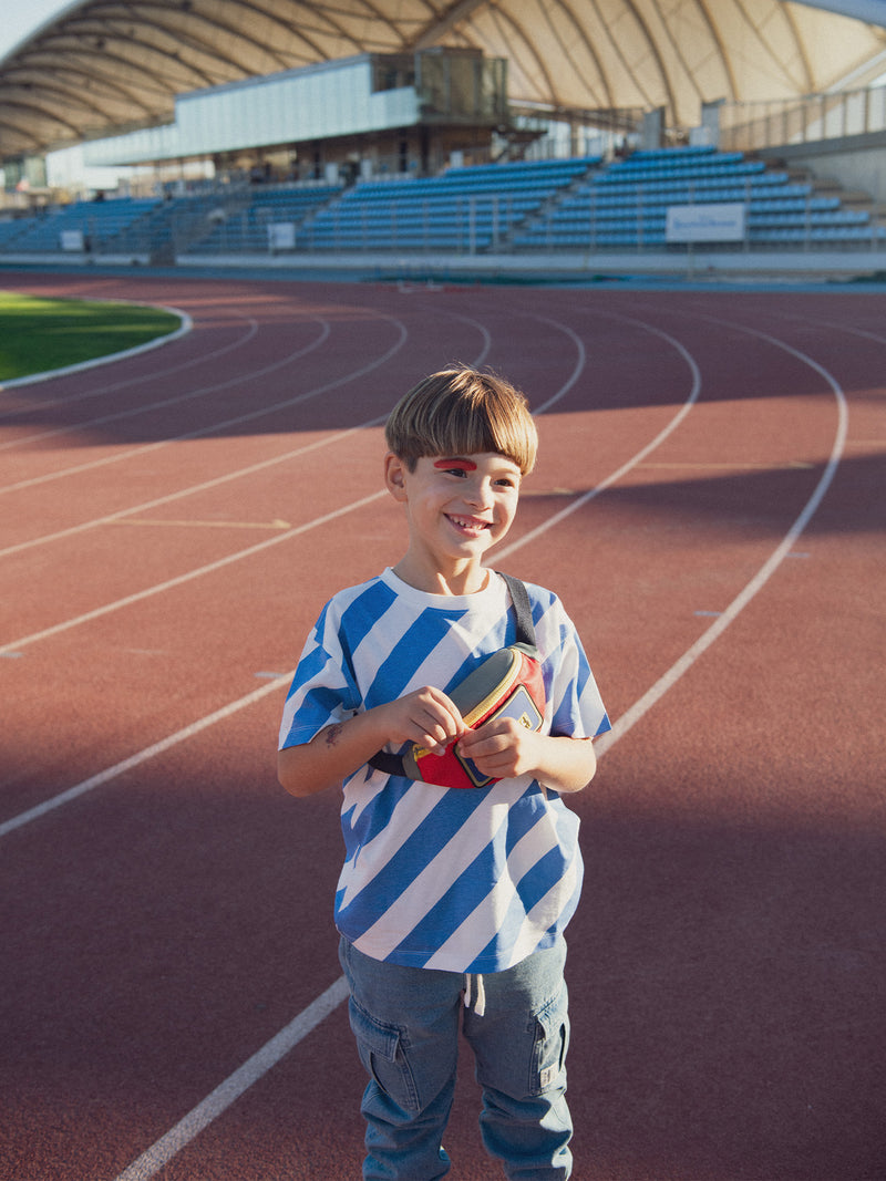 T-shirt a righe ecru e blu a maniche corte per bambini