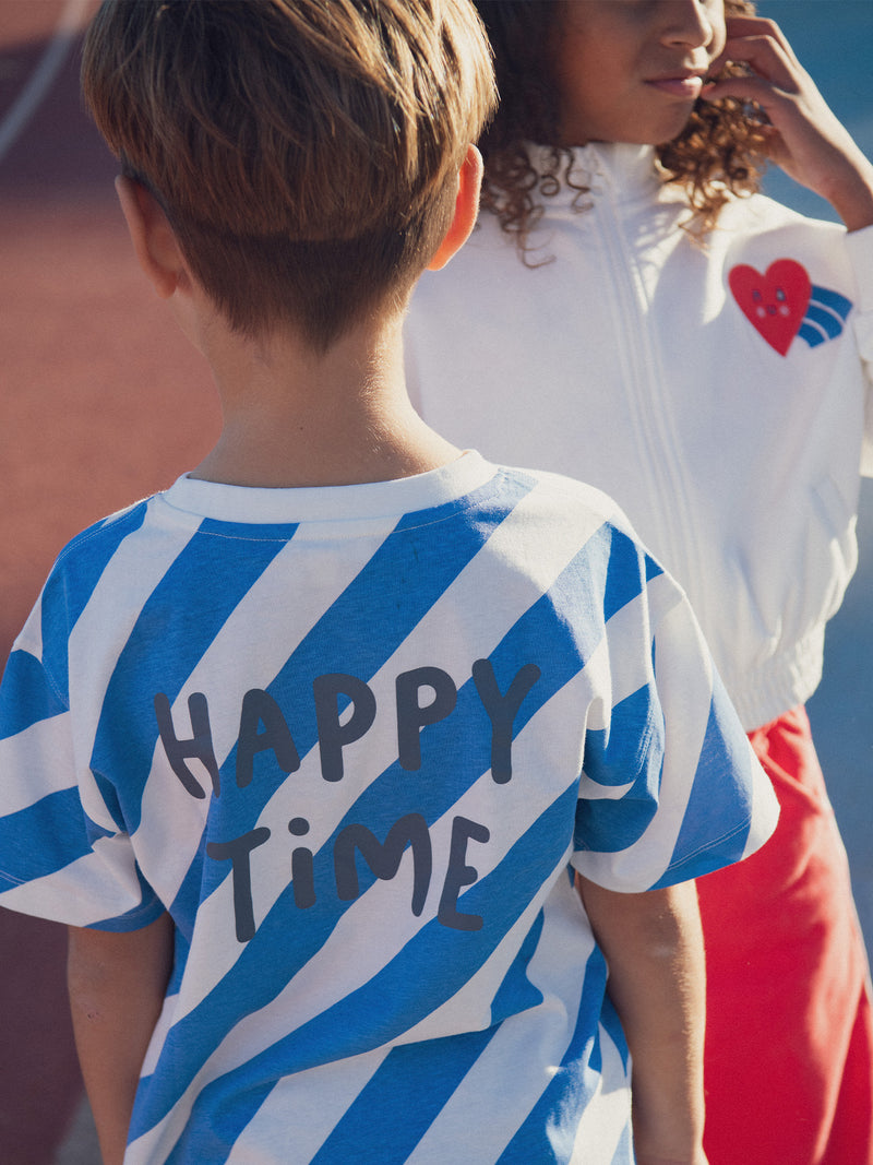 T-shirt a righe ecru e blu a maniche corte per bambini