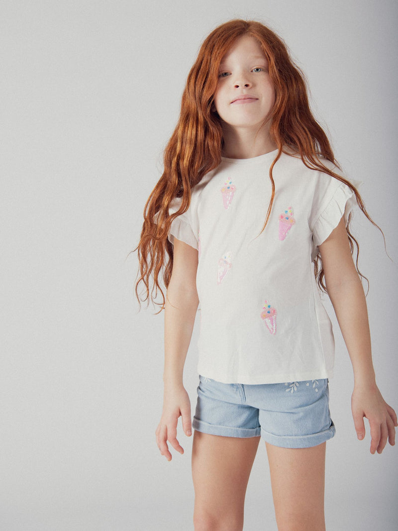 Short in denim blu con ricami floreali per ragazze