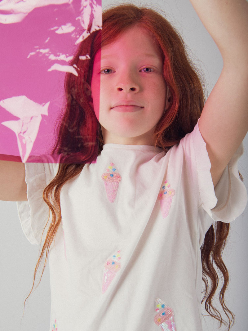 T-shirt ecru con animazione gelato in paillettes per ragazze