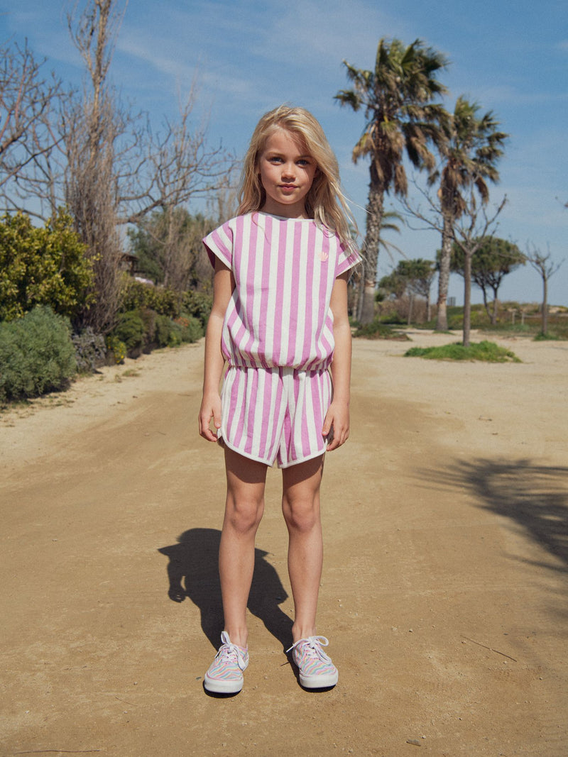 T-shirt a Righe Rosa e Ecru per Ragazza