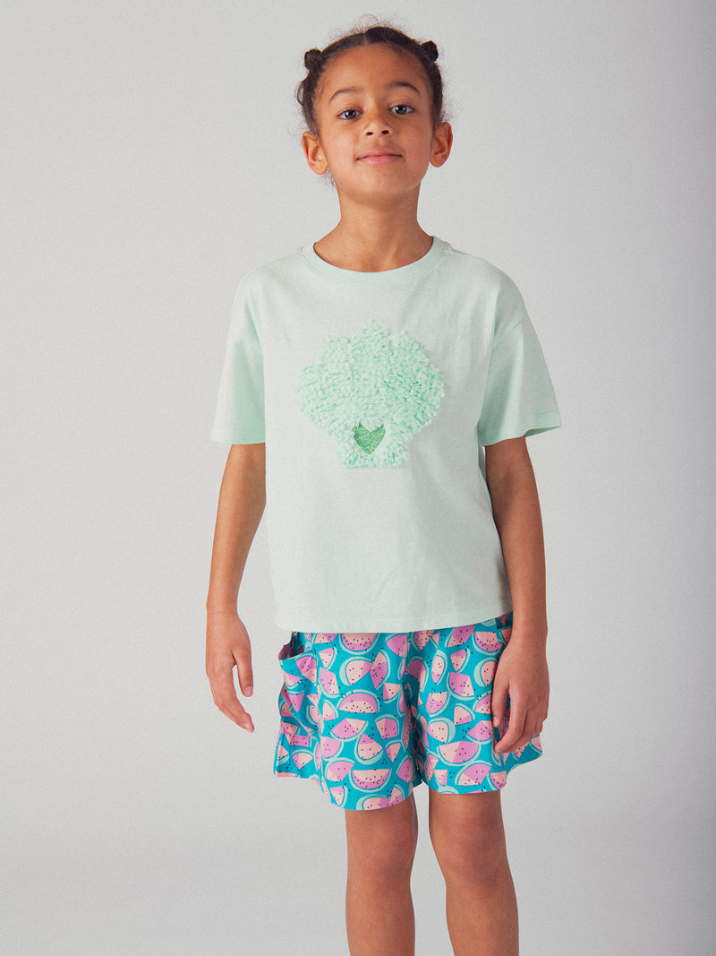 T-shirt turchese con animazione di conchiglia 3D per ragazze