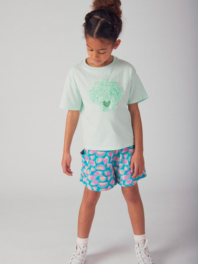 T-shirt turchese con animazione di conchiglia 3D per ragazze