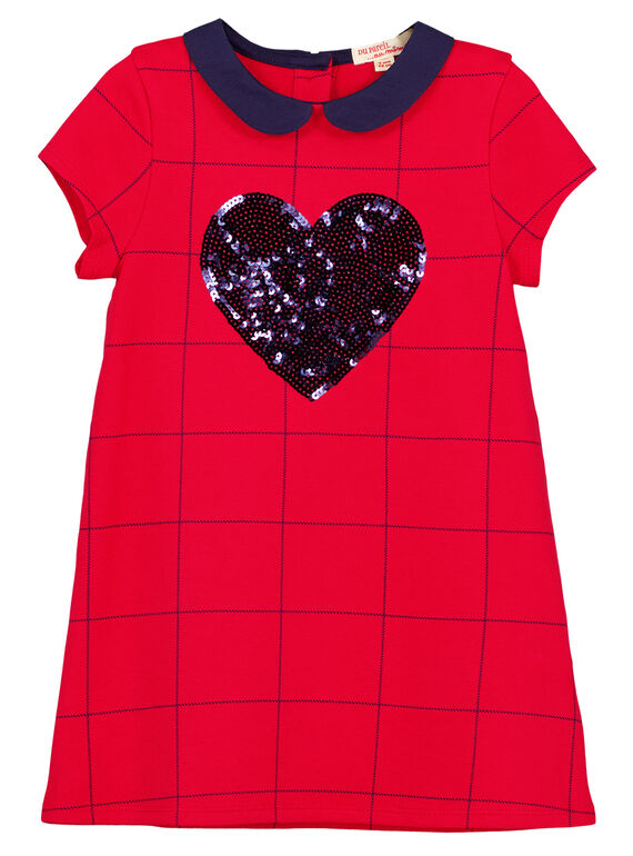 Abito a maniche corte a quadri con colletto Peter Pan e cuore in paillettes brillanti ricamate. GAJOROB5 / 19W90144D2F050