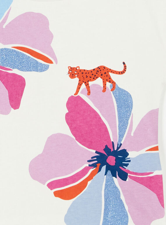 T-shirt ecrù e rosa con stampa a fiori e leopardo in cotone LABLETI / 21S901J1TMC001