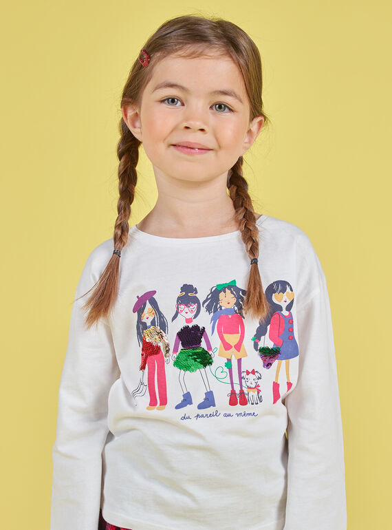 T-shirt con maniche a sbuffo ecrù con stampa squali double face bambina MAMIXTEE4 / 21W901J5TML001