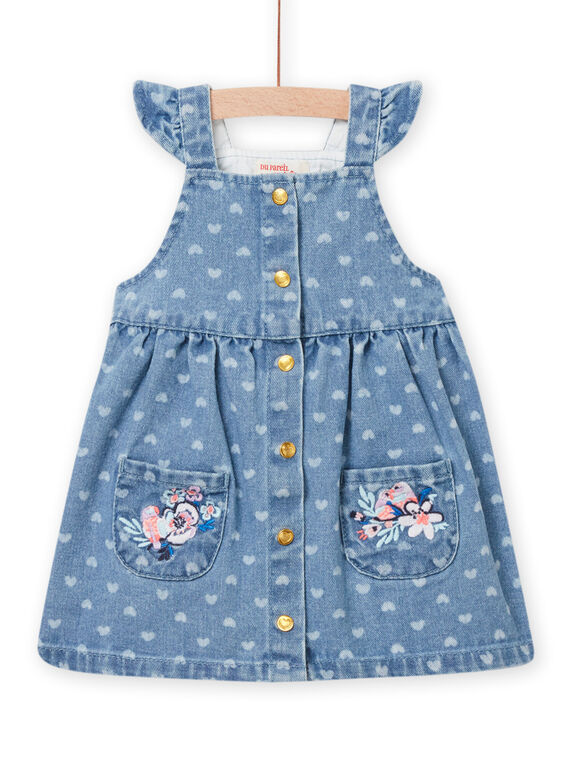Abito denim con stampa cuore e tasche neonata NIMOROB1 / 22SG09N1ROBP270
