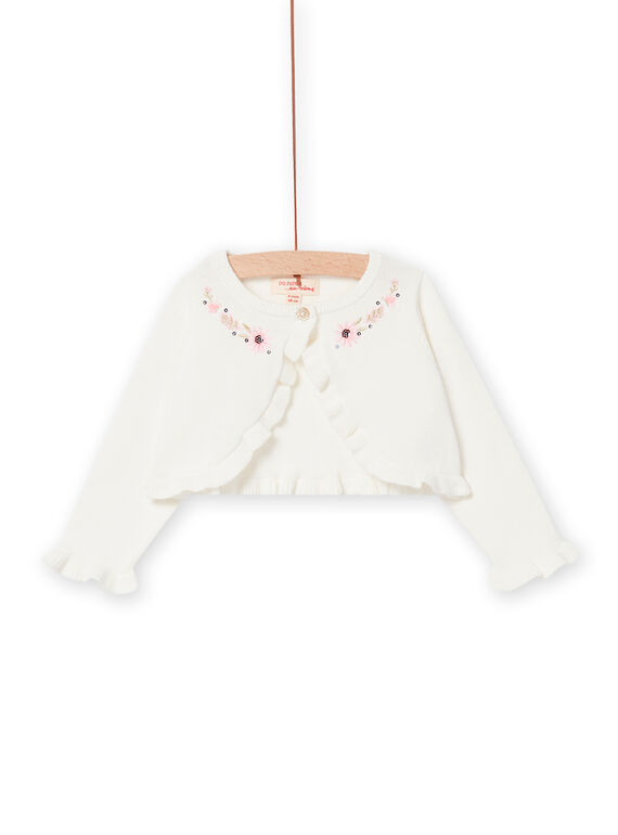 Cardigan in maglia ecrù con ricami fiori neonata NISOCAR / 22SG09Q1CAR001