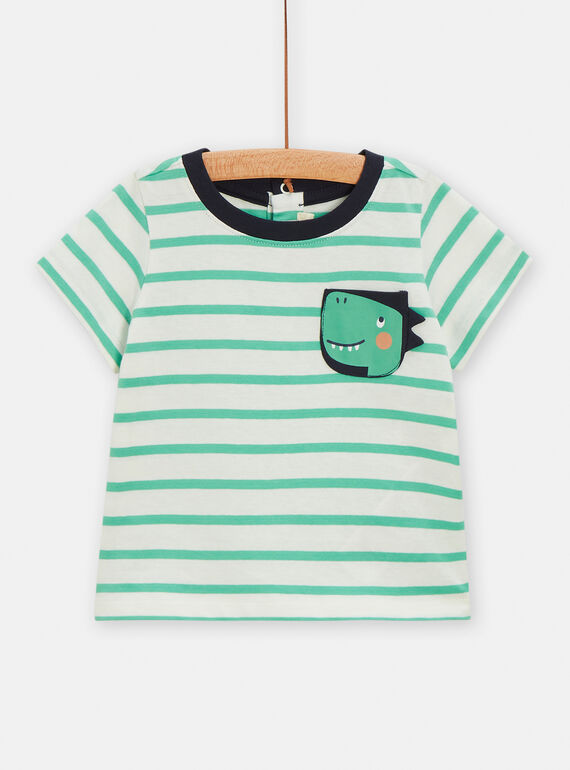 T-shirt ecrù e verde a righe con motivo dinosauro neonato TUJOTI3 / 24SG10D3TMC003