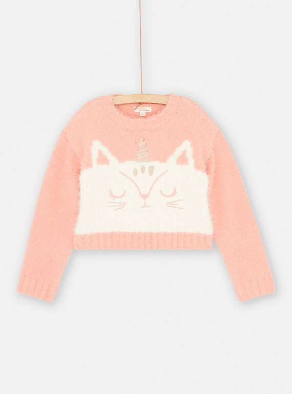 Maglia salmone ed ecrù con motivo gatto-unicorno bambina SADUPULL / 23W901P1PUL401