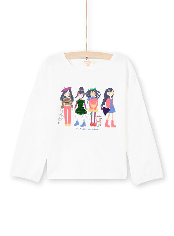T-shirt con maniche a sbuffo ecrù con stampa squali double face bambina MAMIXTEE4 / 21W901J5TML001