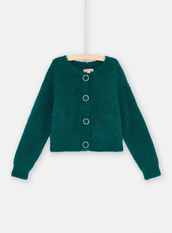Cardigan petrolio in maglia piuma bambina SADUCAR / 23W901P1CAR714