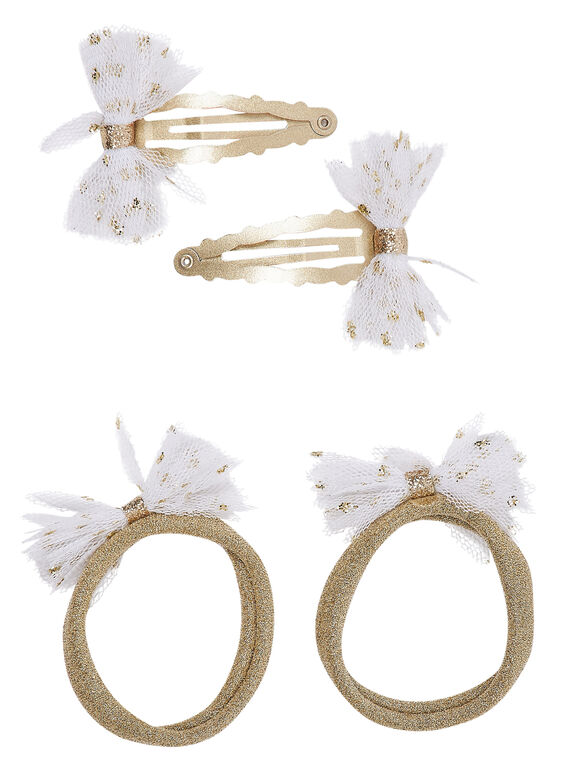 Set 2 elastici di glitter con fiori in tulle bianco + 2 clip dorate con fiori in tulle bianco.  Spray glitter colore dorato sul tulle JYASOCLIC2 / 20SI0181BRTK008