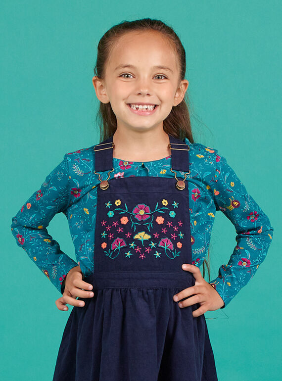 T-shirt a maniche lunghe petrolio con stampa a fiori bambina MATUTEE4 / 21W901K2TML714