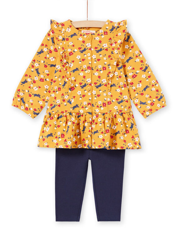 Abito giallo senape con stampa a fiori e leggings navy neonata MIMIXENS / 21WG09J1ENSB106