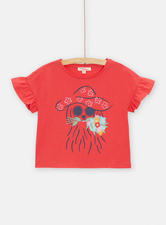 T-shirt rossa con motivo cane con fiori bambina TACLUTI4 / 24S901O1TMCF506