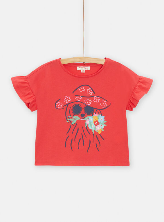 T-shirt rossa con motivo cane con fiori bambina TACLUTI4 / 24S901O1TMCF506